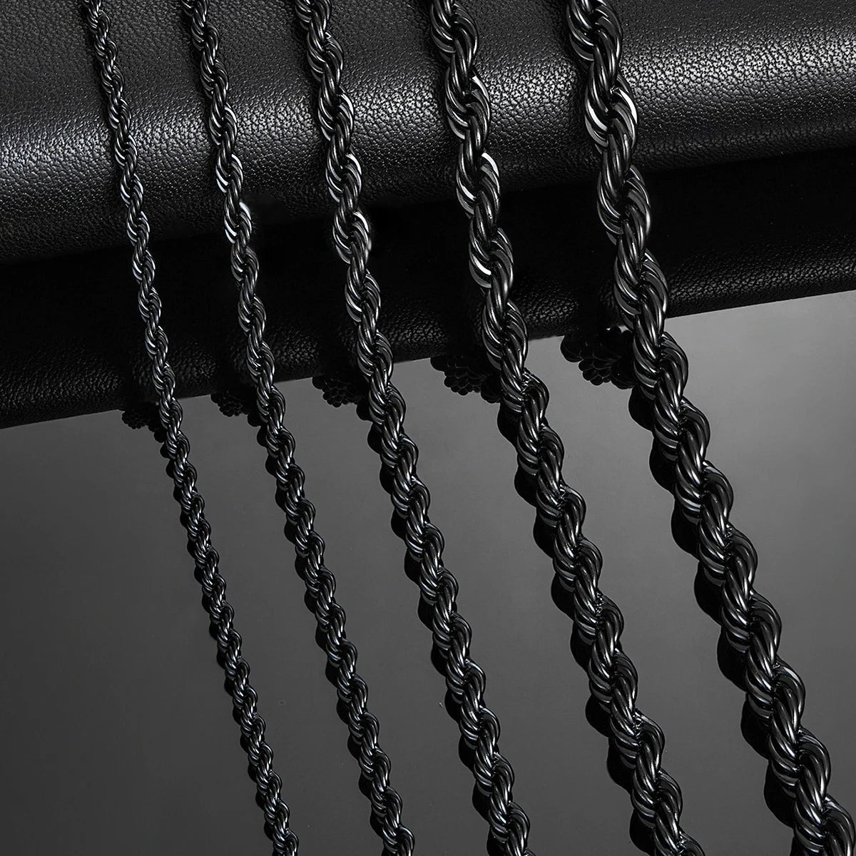 black rope chain made from stainless steel in sizes of 2mm, 3mm, 4mm, 5mm and 6mm - urban jewelry from clearquartzshop