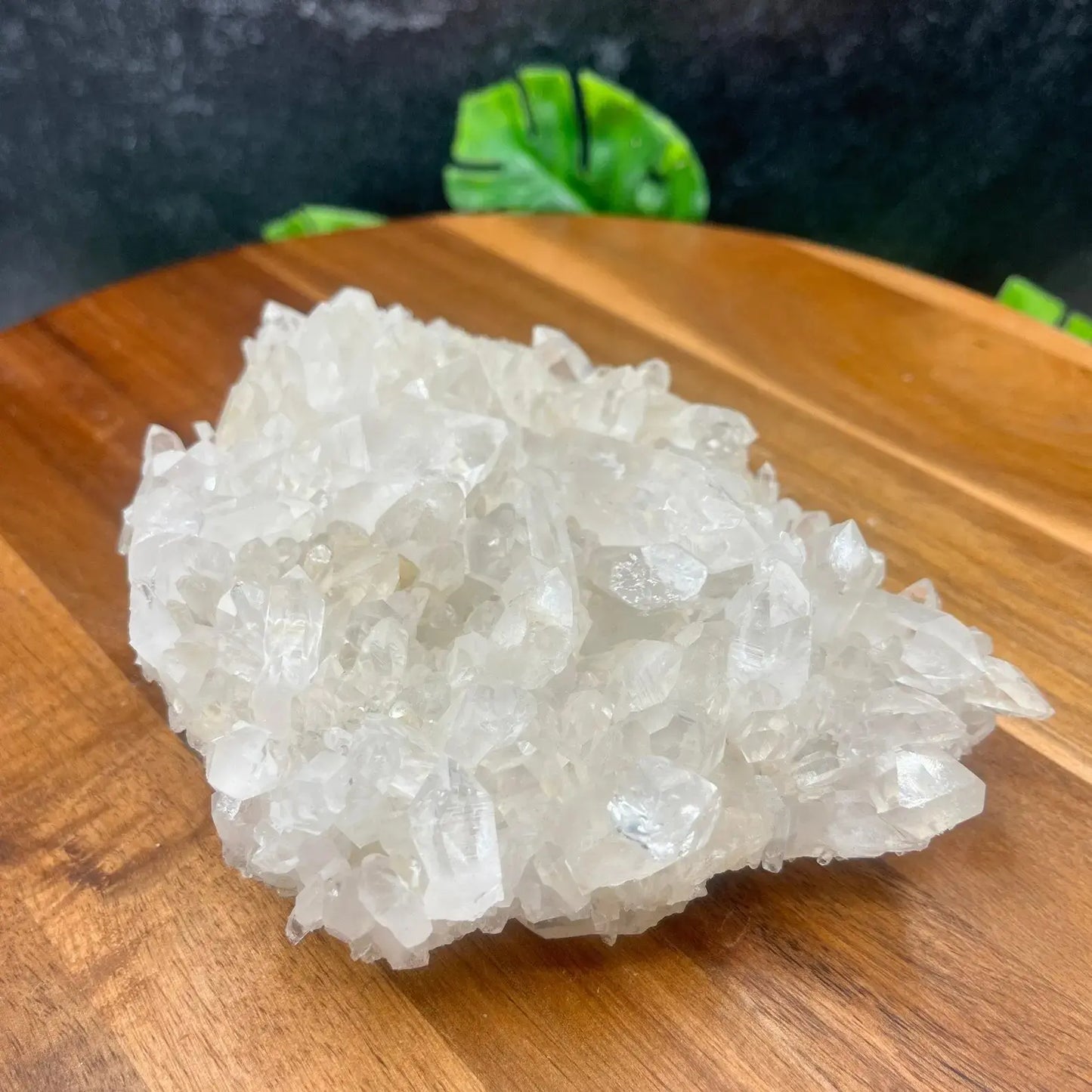 angled view of 680g natural brazilian clear quartz crystal cluster - clearquartzshop