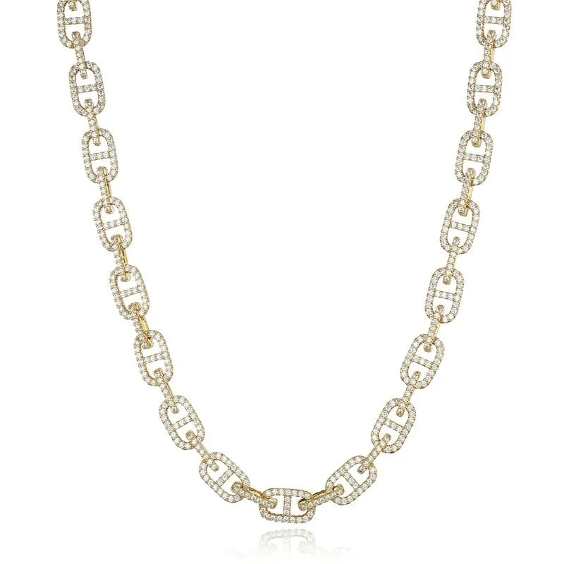 gold 11mm iced out mariner chain with cubic zirconia stones - diamond necklace by clearquartzshop