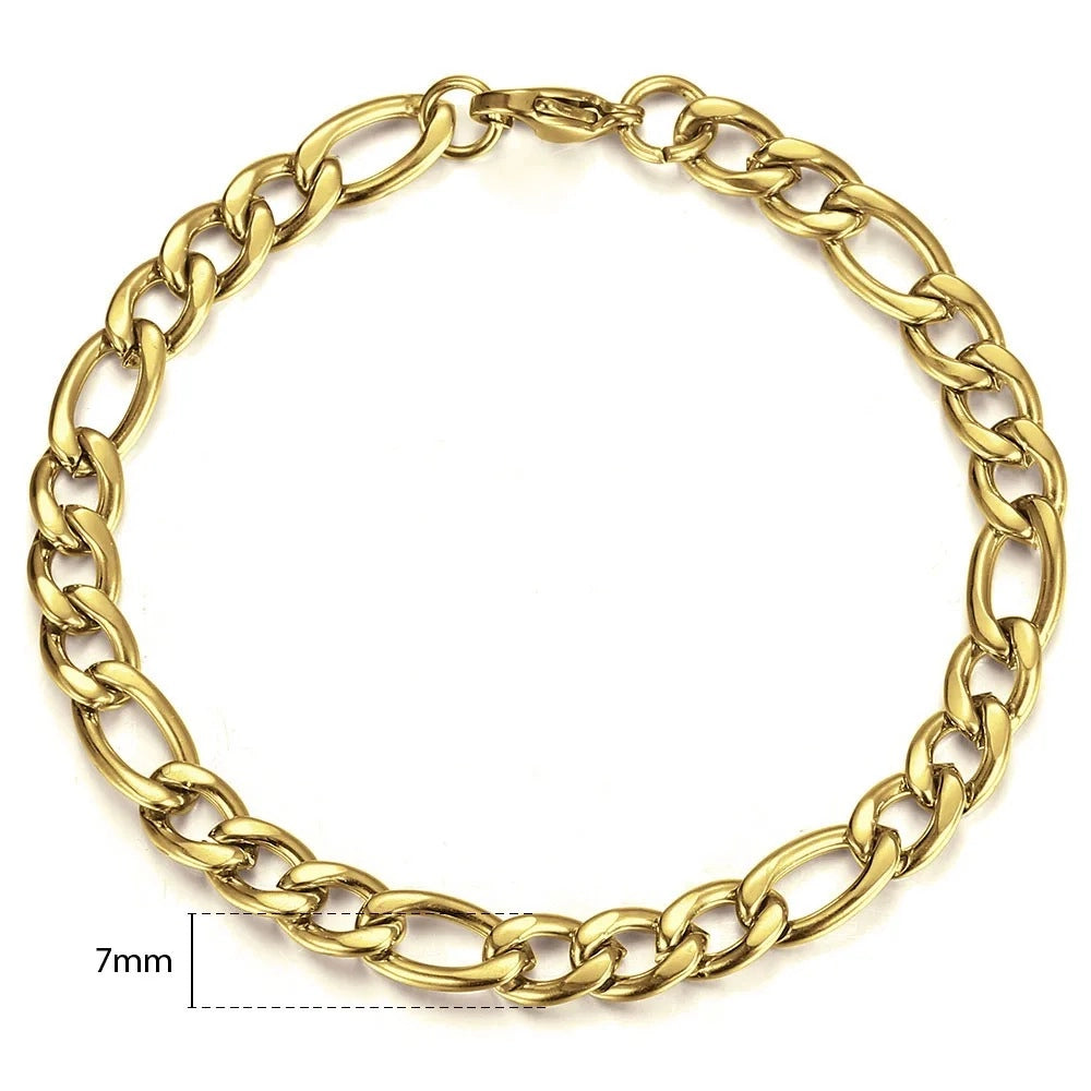gold 7mm figaro bracelet crafted from stainless steel - trendy jewelry by clearquartzshop