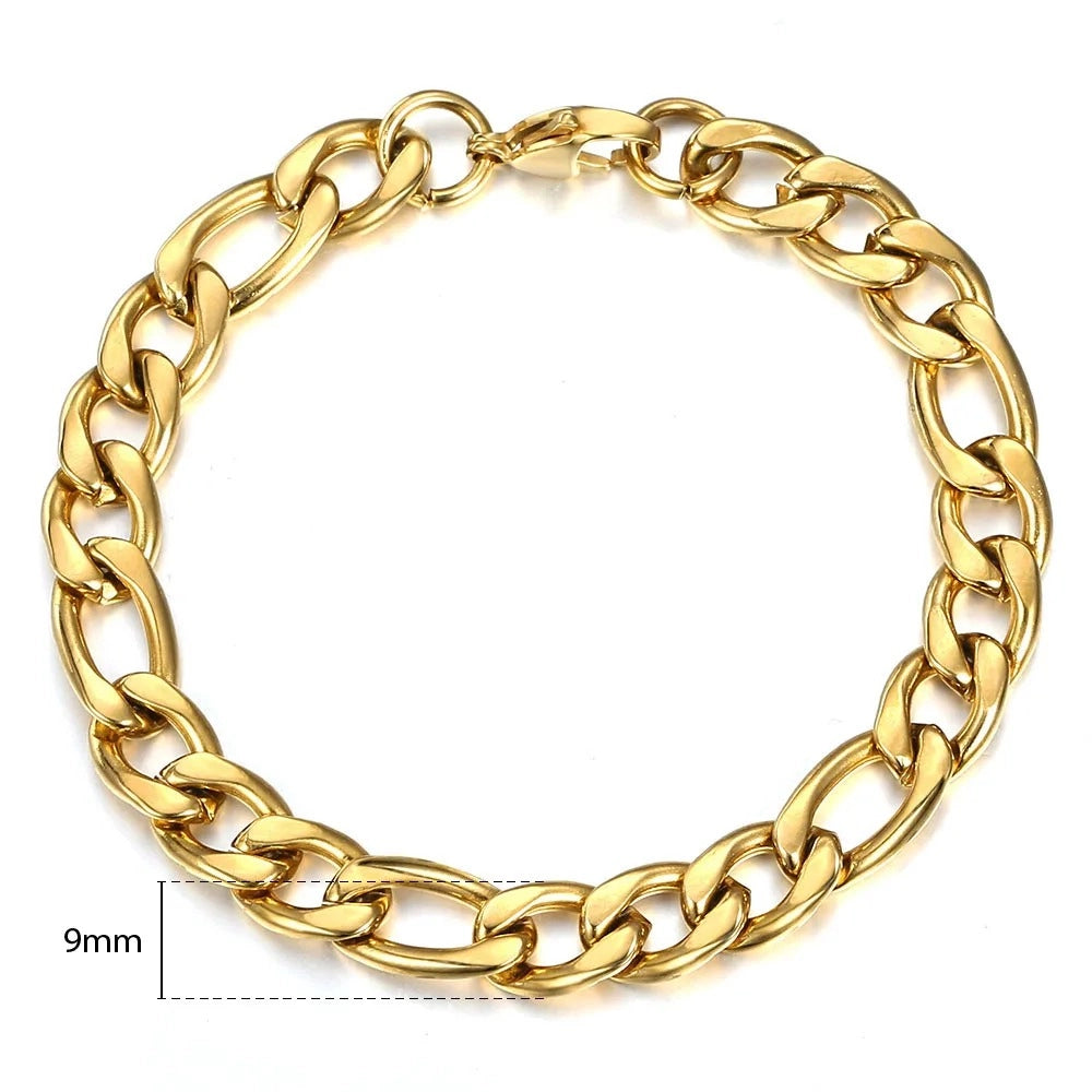 gold 9mm figaro bracelet for men and women crafted from stainless steel - casual jewelry by clearquartzshop