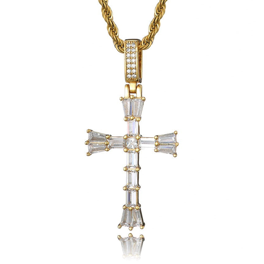 baguette celtic cross pendant in gold with stainless steel necklace for men and women - christian jewelry by clearquartzshop