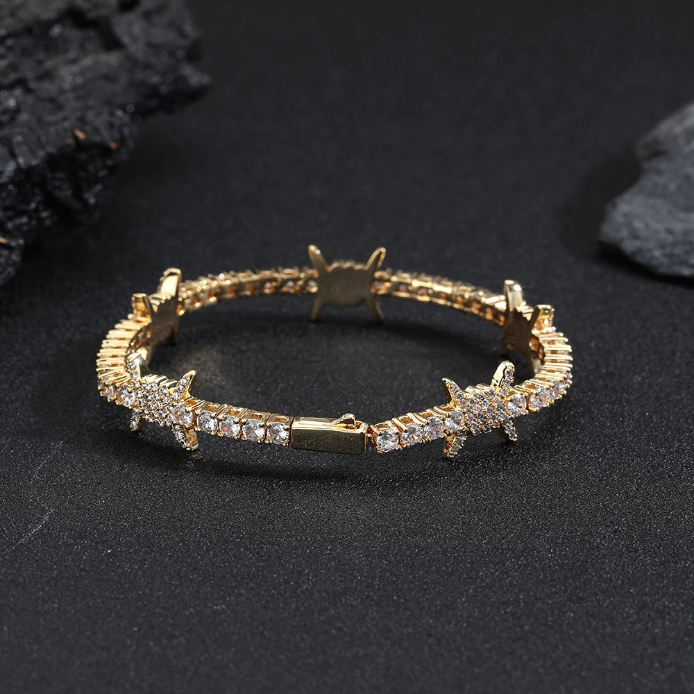 18k gold iced out barbed wire tennis bracelet for men and women - punk jewelry by clearquartzshop