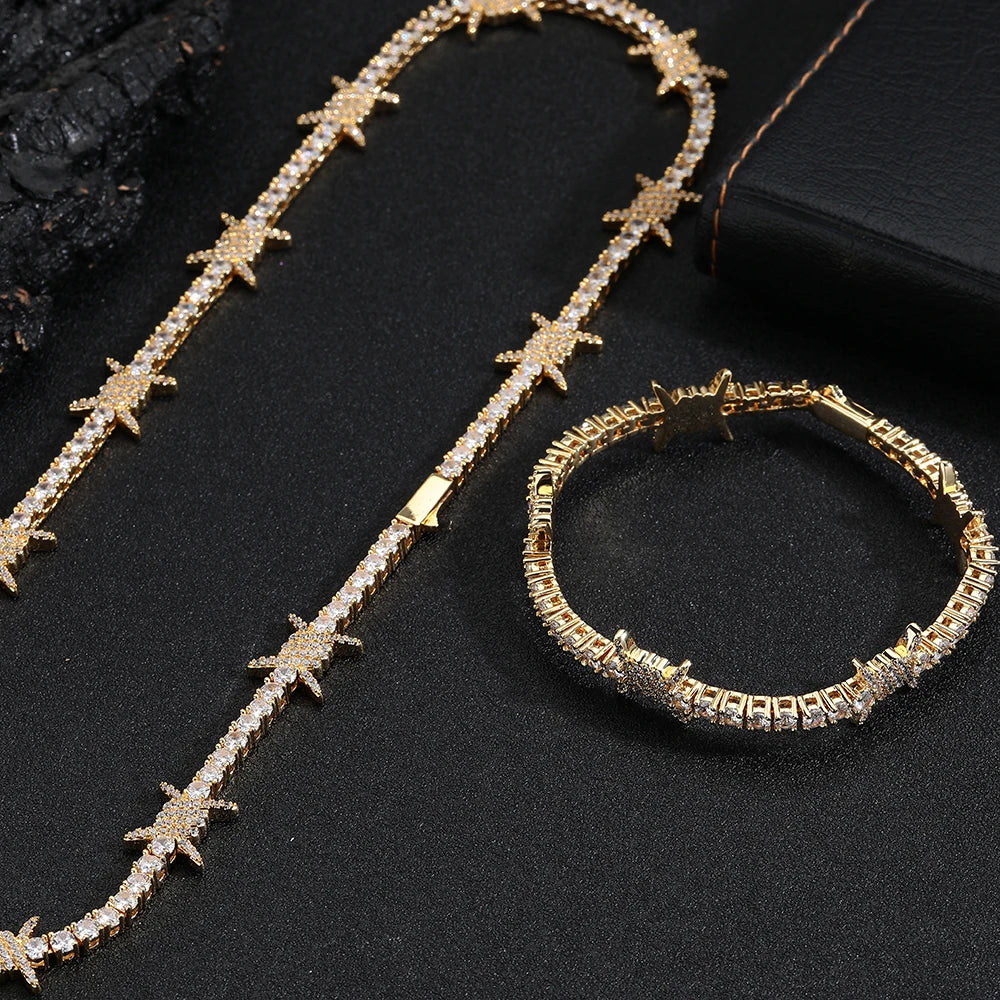 gold iced out barbed wire tennis chain bundle - unisex edgy jewelry by clearquartzshop