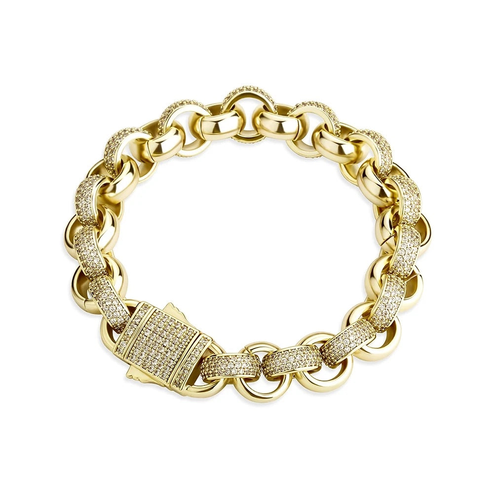 gold 12mm iced out belcher bracelet - unisex traveler jewelry by clearquartzshop