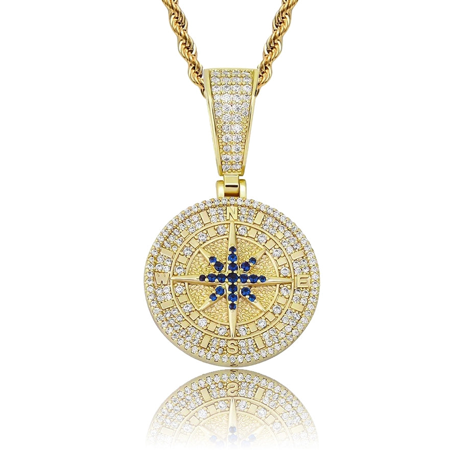 gold iced out compass pendant with steel rope chain for men and women - statement necklace by clearquartzshop