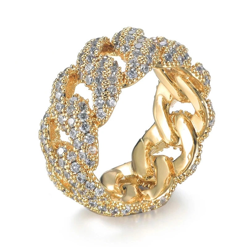 iced out cuban link ring in gold - unisex streetwear jewelry by clearquartzshop
