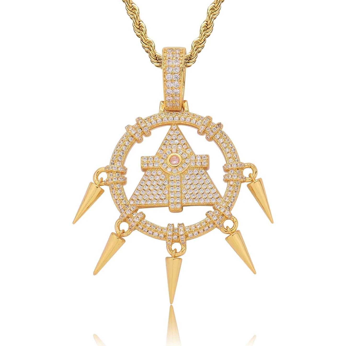 gold iced out cross pyramid pendant with stainless steel rope chain - unisex luxury necklace by clearquartzshop