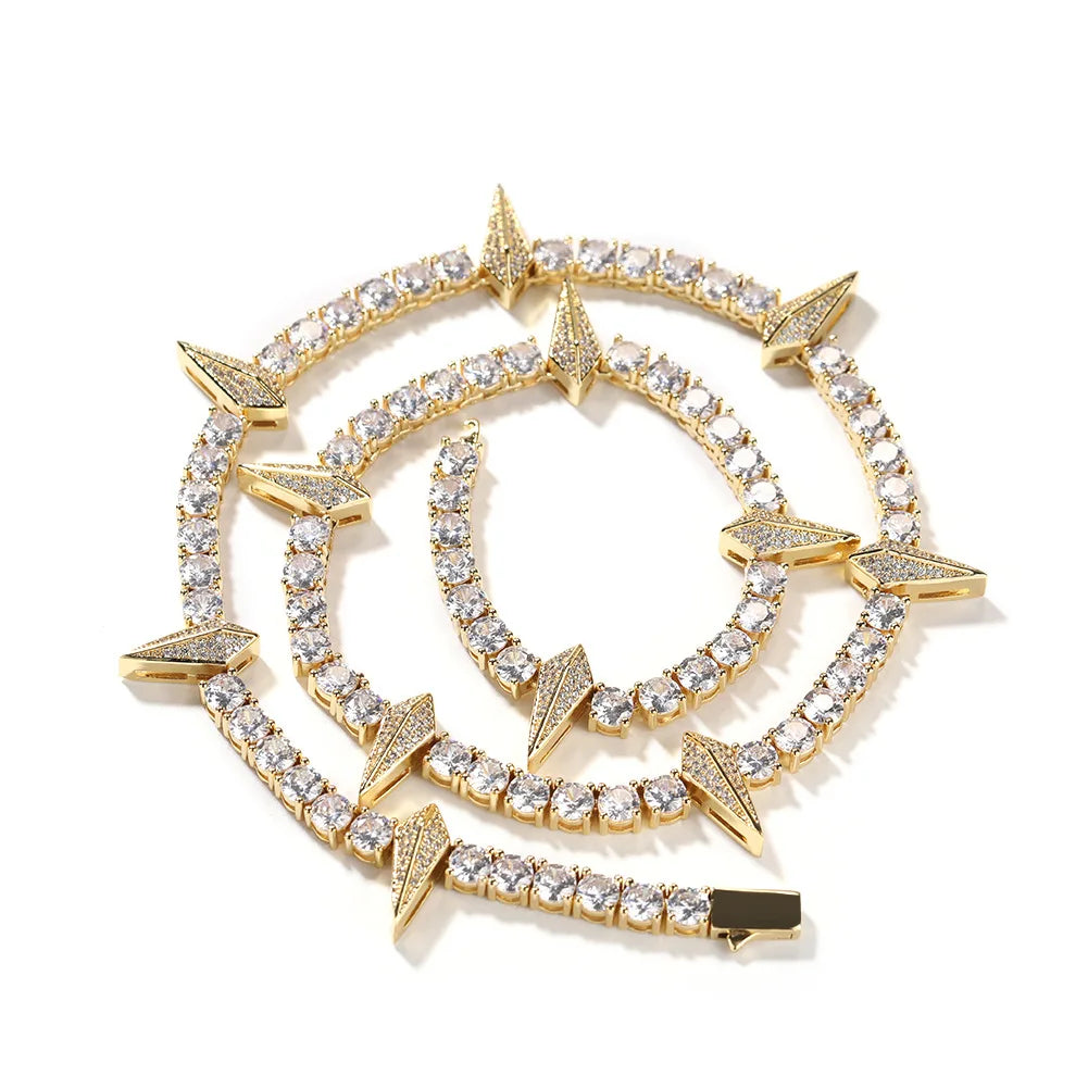 gold 5mm spiked tennis chain for men and women - bling necklace by clearquartzshop