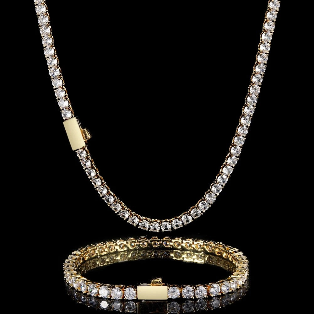 gold iced out tennis chain and bracelet set with cubic zirconia stones by clearquartzshop