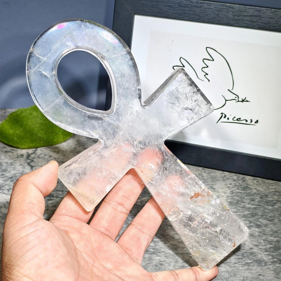 2500 carat large clear quartz ankh cross crystal, hand-carved, held to show scale and clarity - clearquartzshop