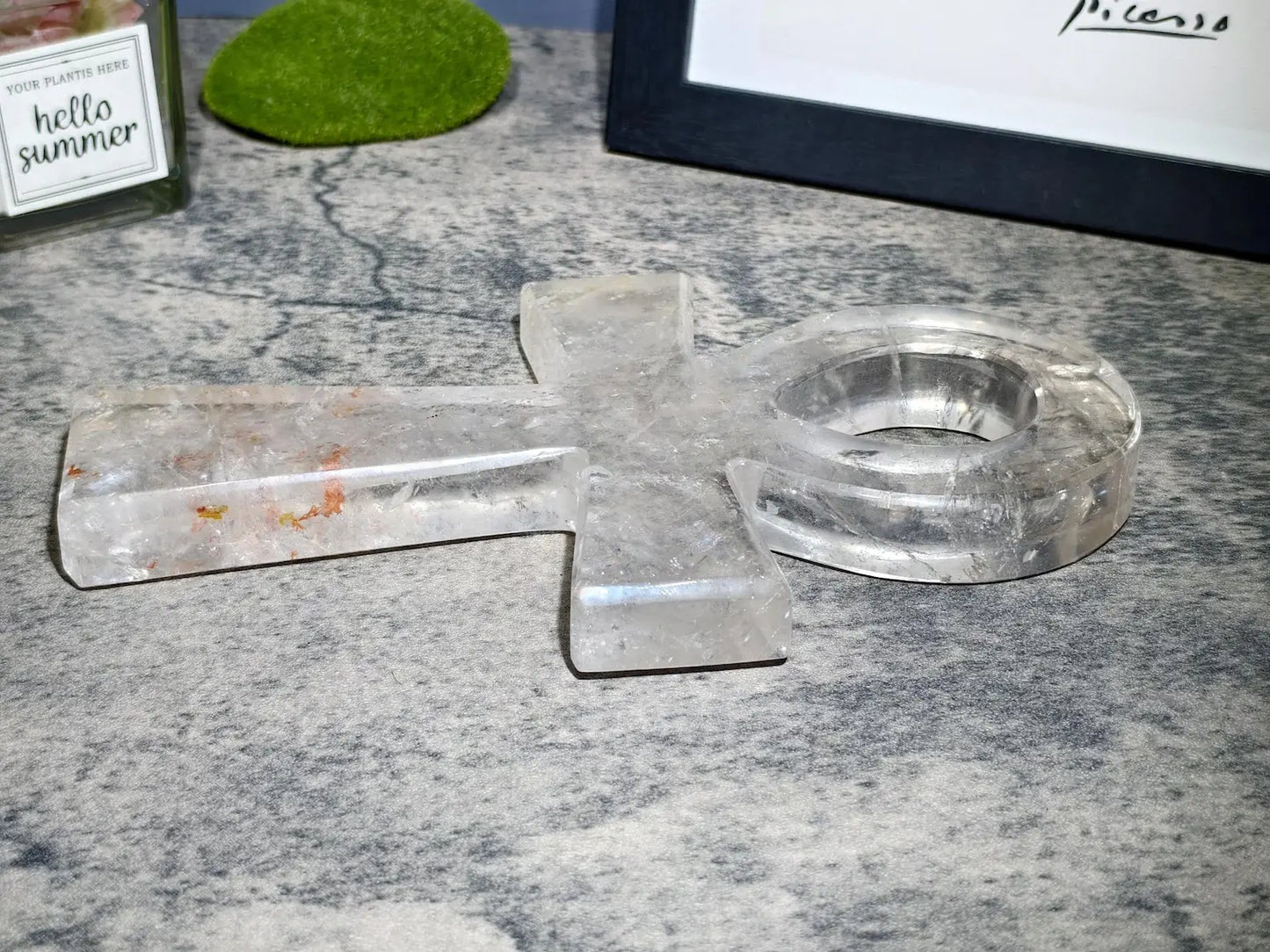 side view of the 2500ct clear quartz ankh cross crystal, displaying its thickness and polished finish - clearquartzshop