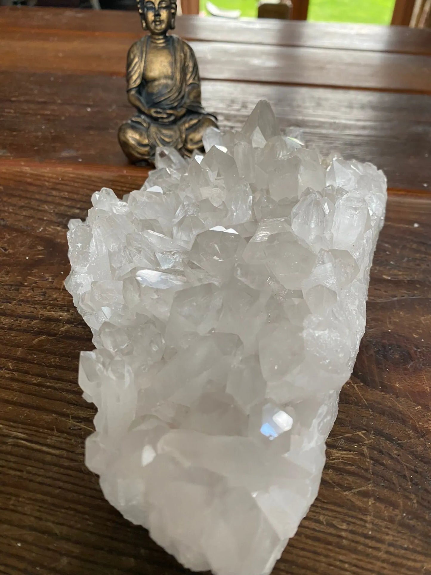 close-up of clear quartz crystal cluster showing high clarity and fine terminations - clearquartzshop
