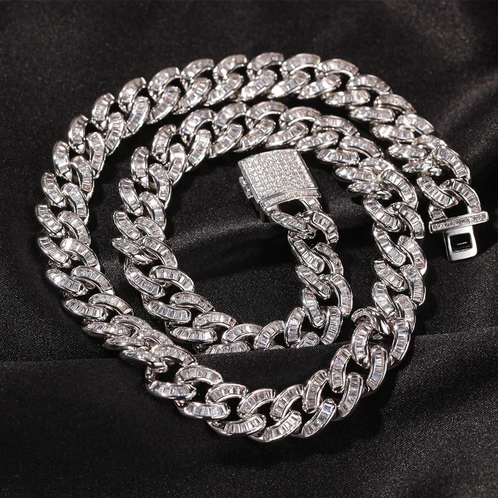 silver 10mm iced out baguette cuban link chain for men and women - rap necklace by clearquartzshop