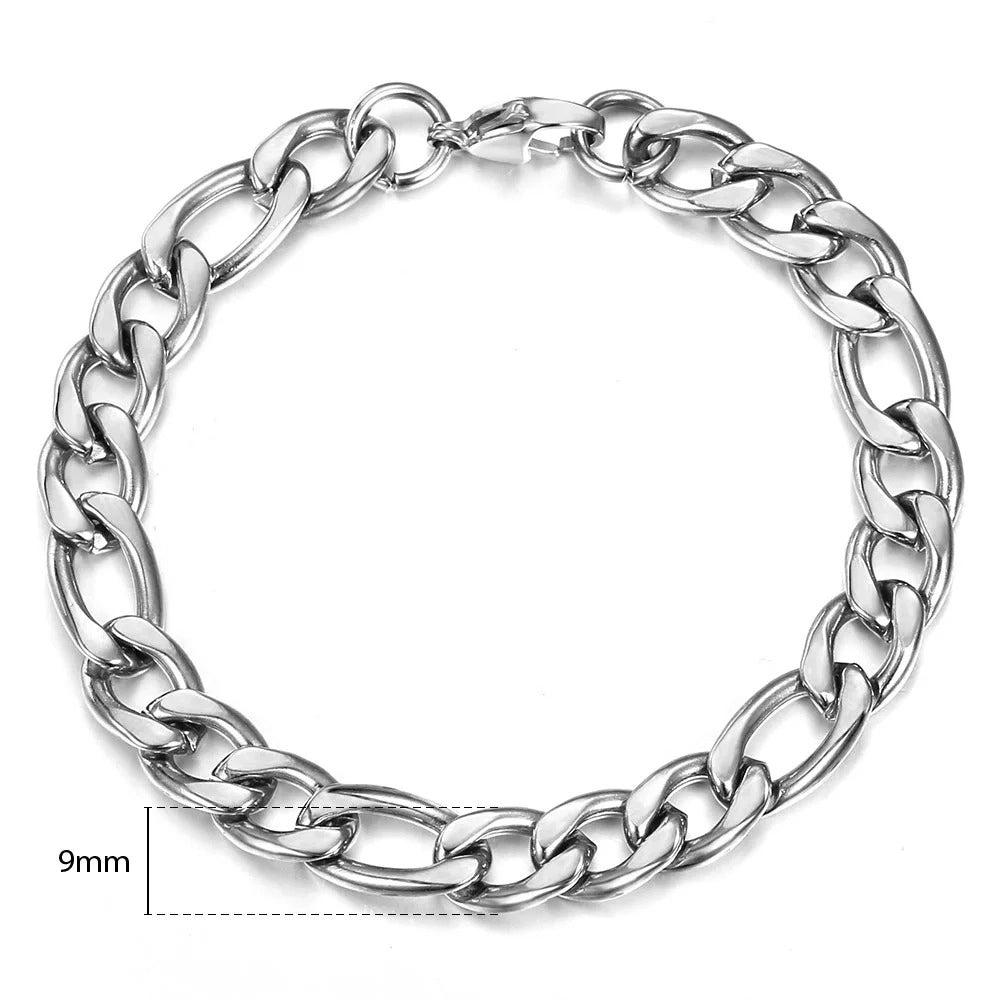 silver 9mm figaro bracelet for men and women built from stainless steel - party jewelry by clearquartzshop