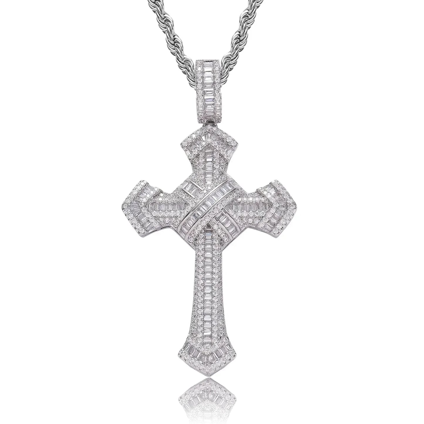 silver iced out luxury baguette cross pendant with stainless steel rope chain - unisex hip hop necklace by clearquartzshop