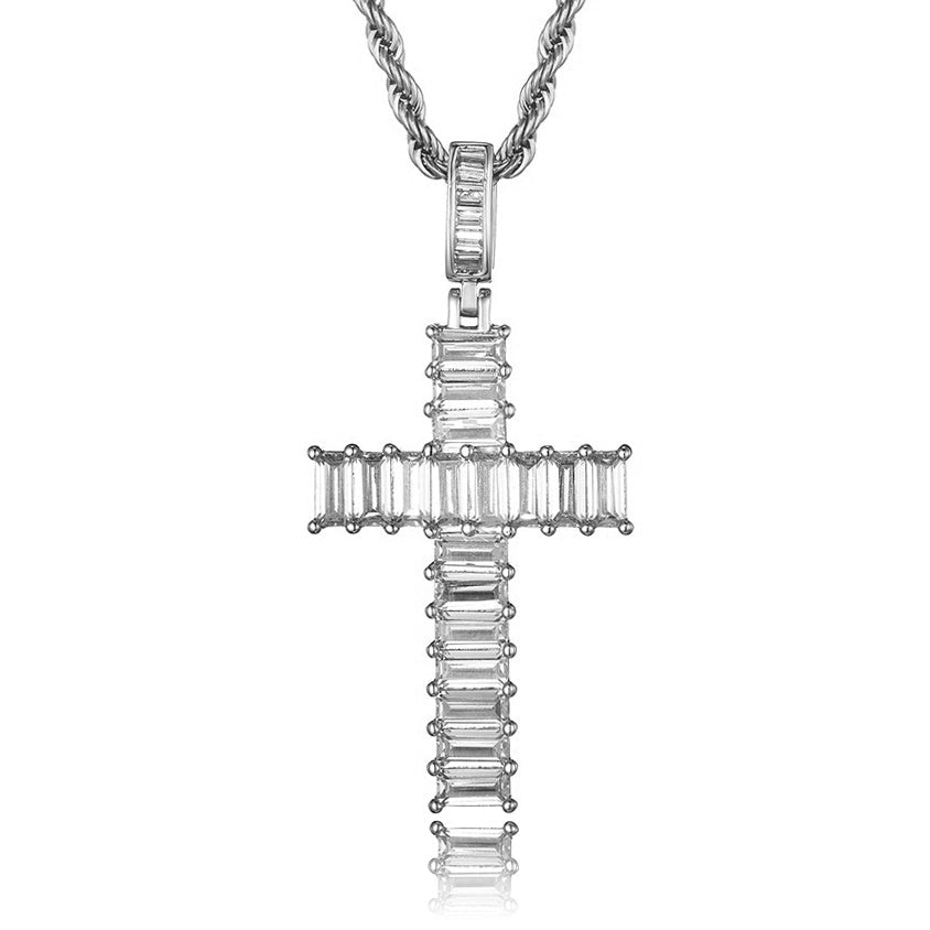 silver baguette crucifix necklace with twisted chain for men and women - religious jewelry by clearquartzshop
