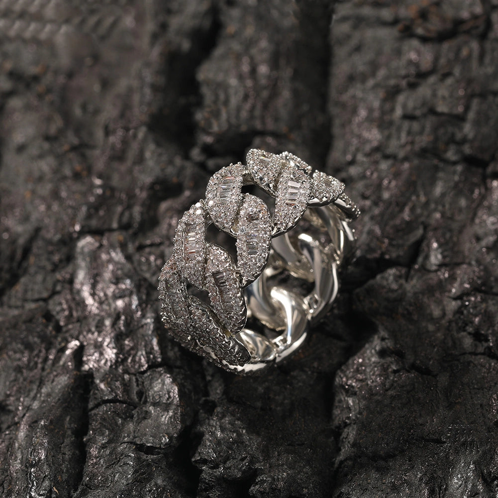 silver baguette triple row cuban link ring - trendy accessory by clearquartzshop
