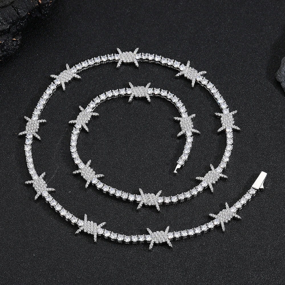 silver 3mm iced out barbed wire tennis chain - unisex thorns necklace by clearquartzshop