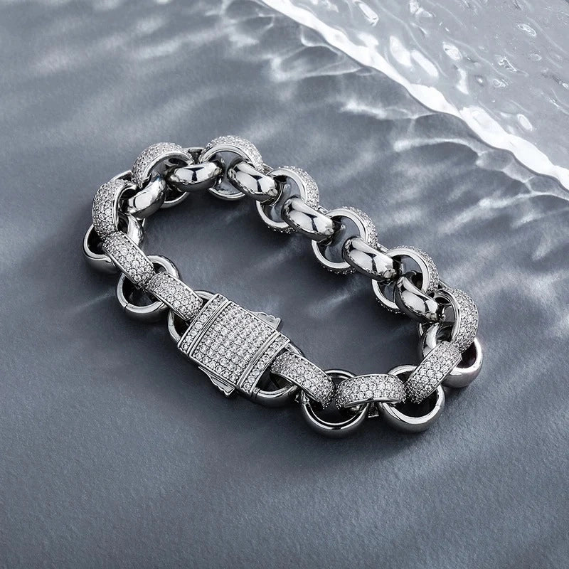 silver 12mm iced out belcher bracelet for men and women - gypsy jewelry by clearquartzshop