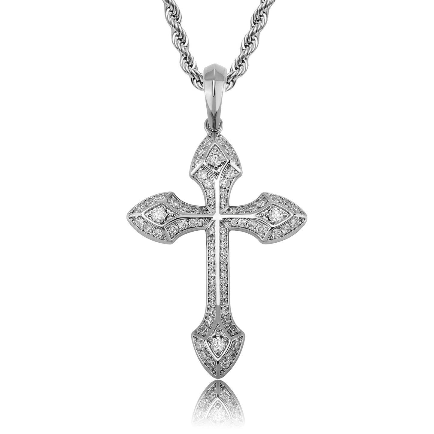 iced out celtic crucifix pendant in silver with steel chain for men and women - christian jewelry by clearquartzshop