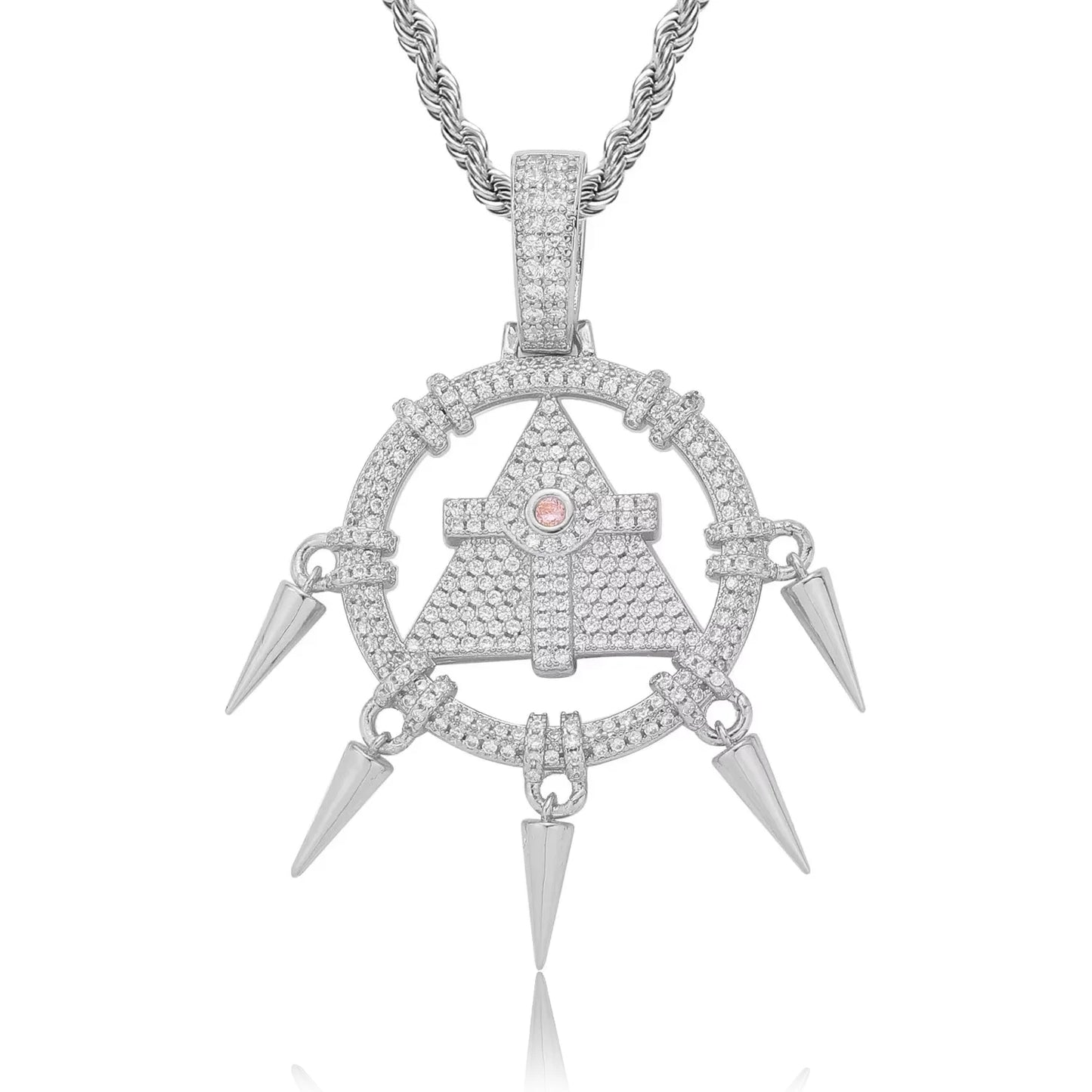 silver iced out cross pyramid pendant with stainless steel rope chain - unisex hip hop necklace by clearquartzshop