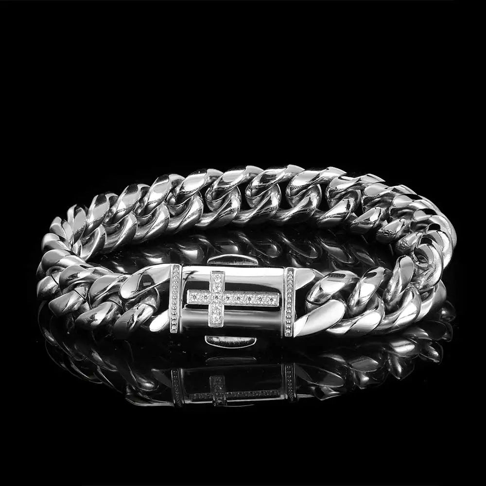 silver 12mm miami cuban link bracelet with iced cross clasp crafted from stainless steel for men and women by clearquartzshop