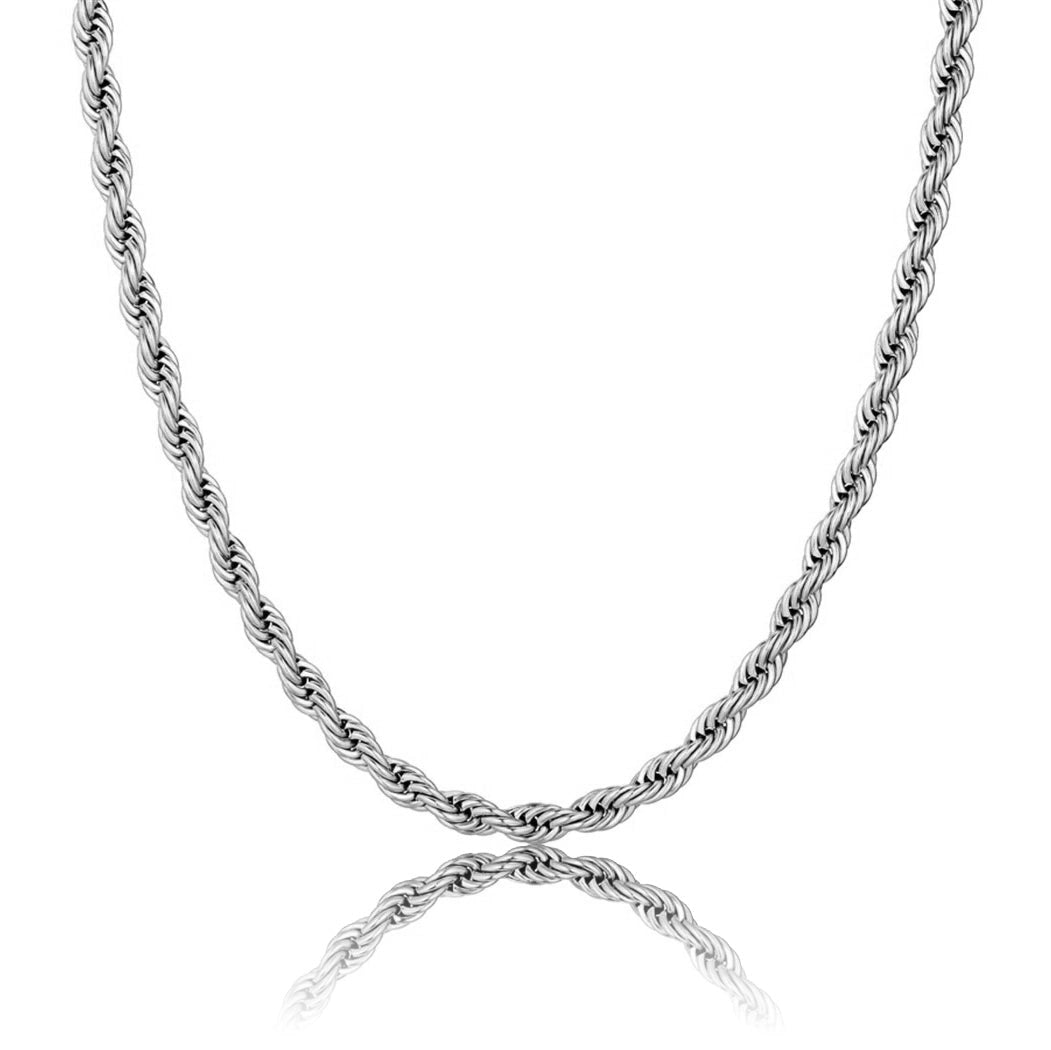silver rope chain for men and women crafted from stainless steel in sizes of 3mm, 5mm and 8mm by clearquartzshop