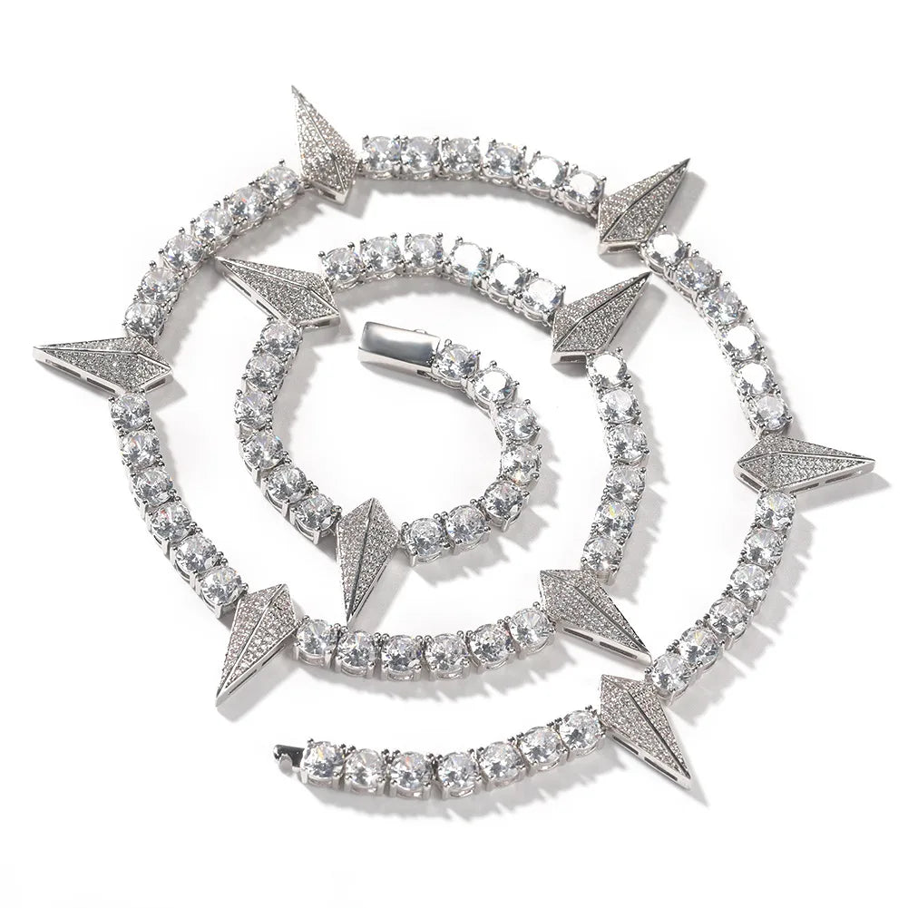 silver 5mm spiked tennis chain for men and women - 18k white gold edgy necklace by clearquartzshop