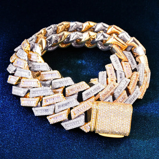 17mm two tone iced out baguette prong cuban link chain in gold and silver - unisex luxury jewelry clearquartzshop