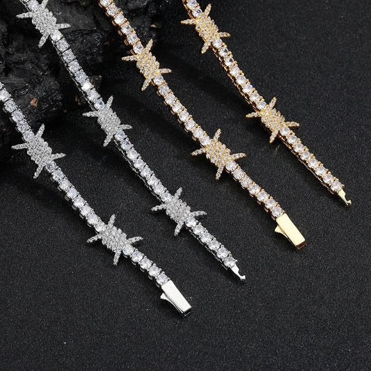 3mm iced out barbed wire tennis chain for men and women - 18k gold and white gold thorns necklace by clearquartzshop