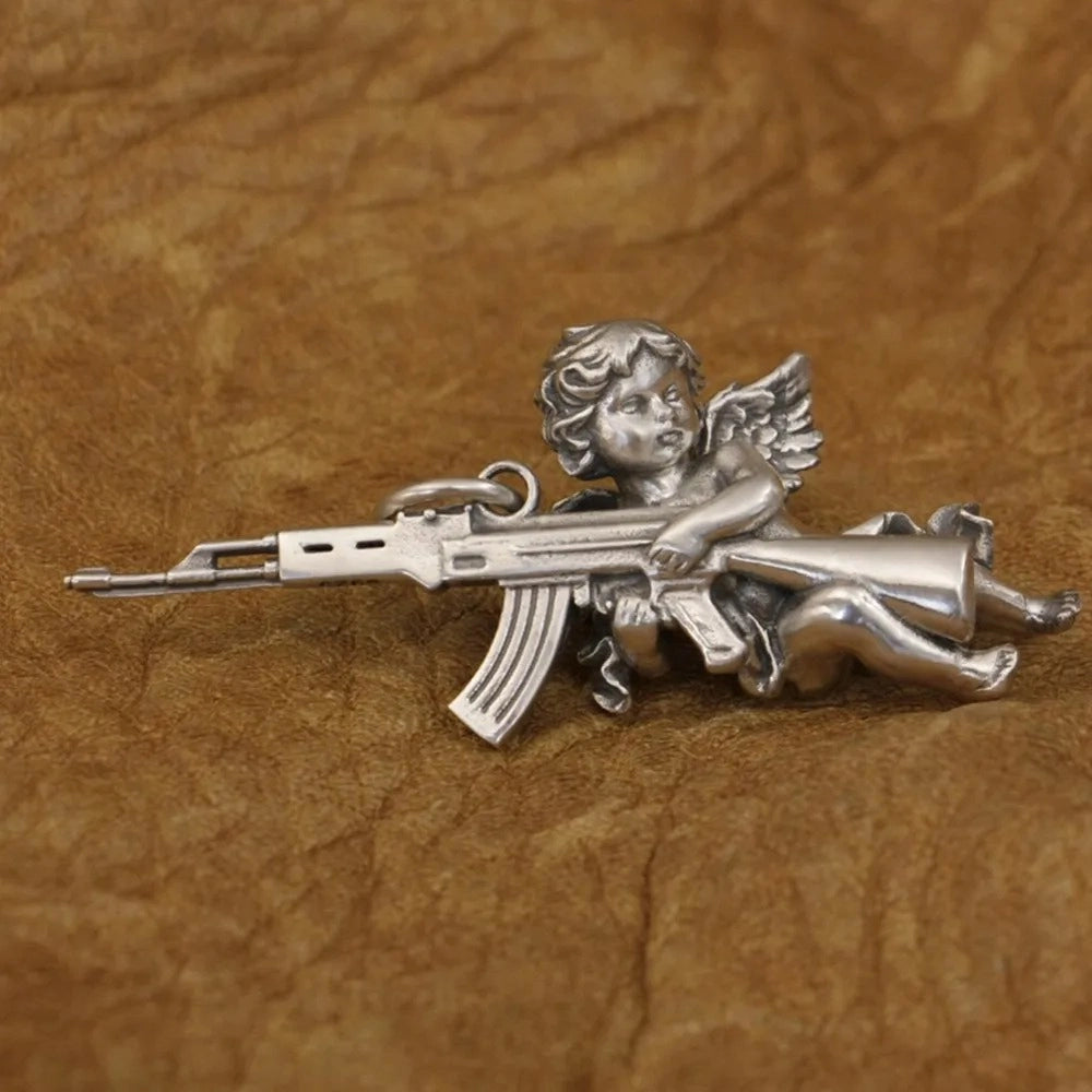 925 sterling silver angel with gun pendant | unisex urban jewelry by clearquartzshop