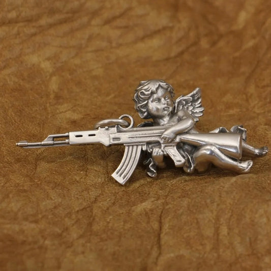 925 sterling silver angel with gun pendant | unisex urban jewelry by clearquartzshop