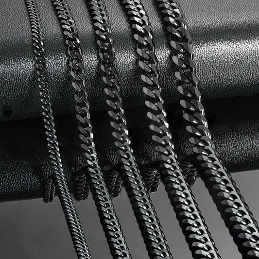 black miami cuban link chain built from stainless steel in sizes of 3mm, 5mm, 6mm, 7mm and 8mm from clearquartzshop