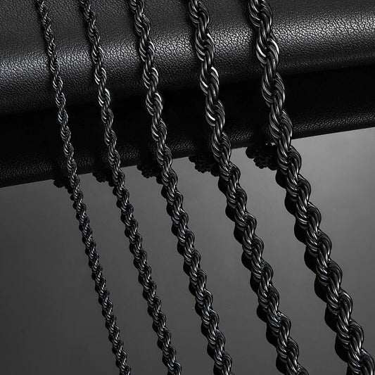 black rope chain made from stainless steel in sizes of 2mm, 3mm, 4mm, 5mm and 6mm - urban jewelry from clearquartzshop