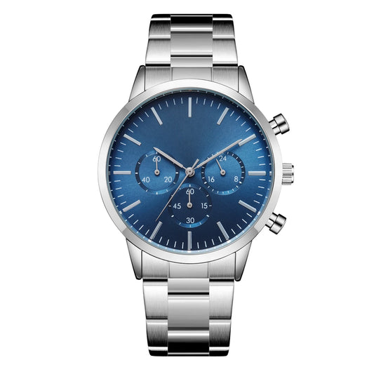 blue dial silver chronograph sport watch built from stainless steel for men and women by clearquartzshop