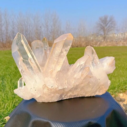 front view of 15kg brazilian quartz cluster on black stand - investment grade crystal from clearquartzshop