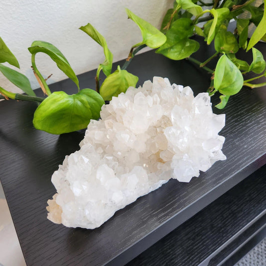 large brazilian clear quartz cluster 2kg with natural crystal points on black surface - clearquartzshop
