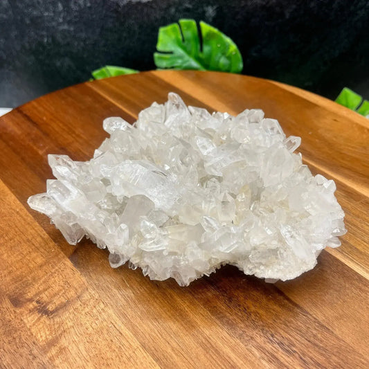 rare brazilian clear quartz cluster on wood background, flawless healing crystal - clearquartzshop