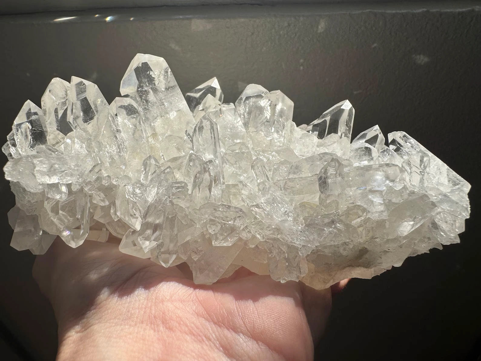 hand holding elongated clear quartz cluster highlighting pointed crystal terminations - clearquartzshop
