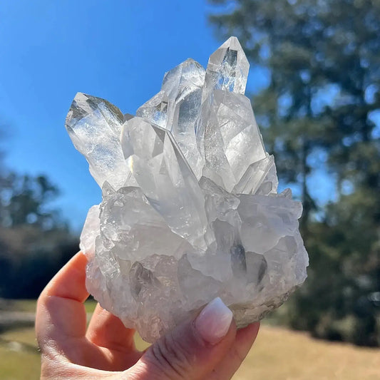 high-grade clear quartz cluster from brazil front angle - meditation crystal from clearquartzshop