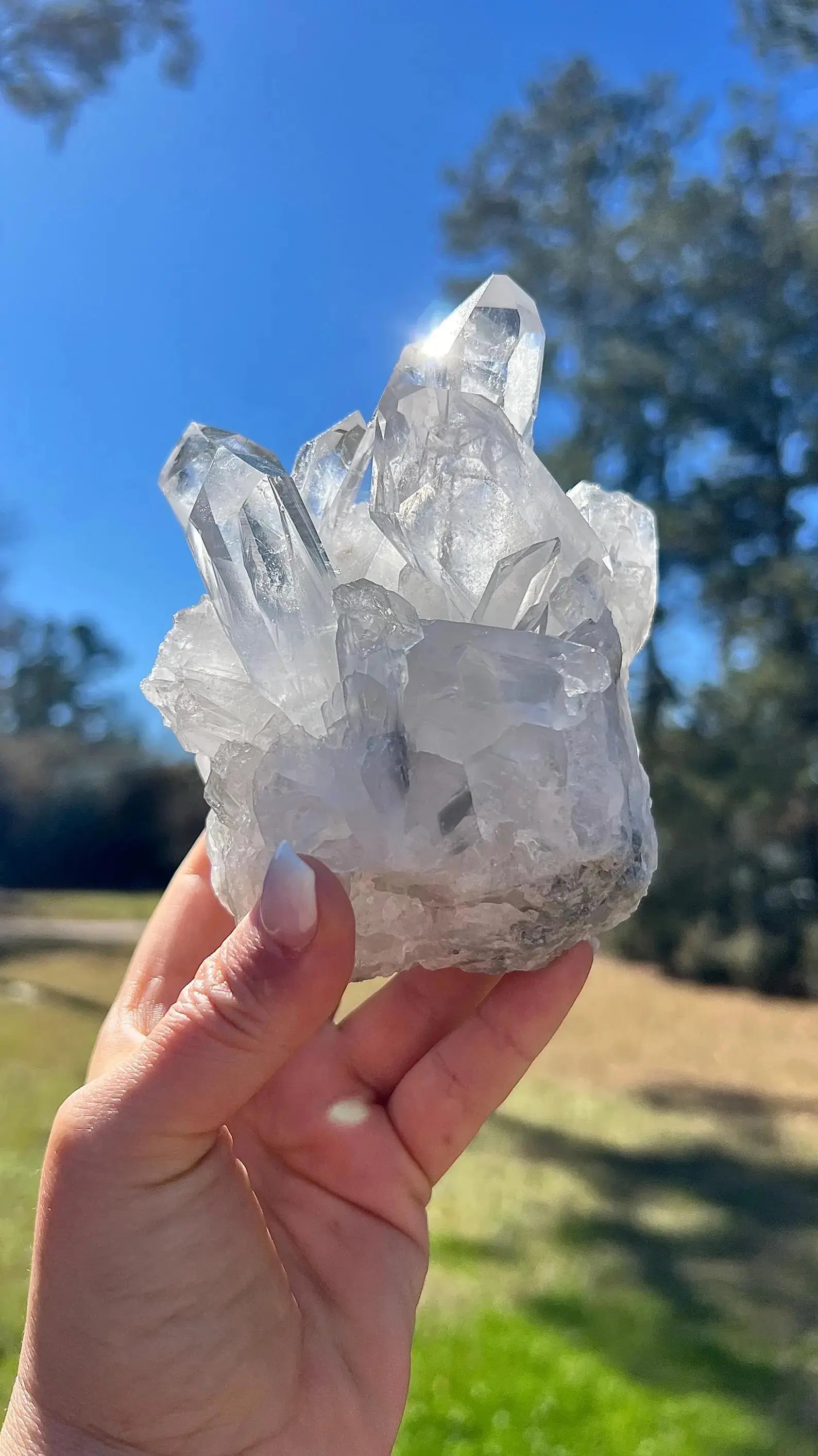 brazillian natural clear quartz cluster side view - raw crystal clearquartzshop