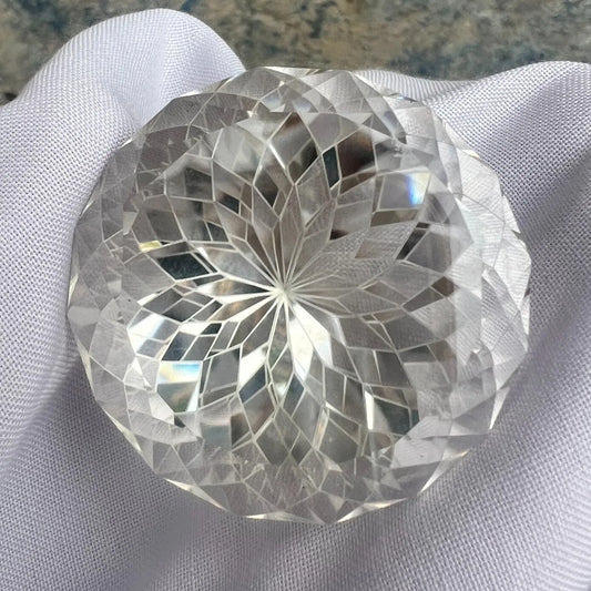 225 carat flawless pakistani clear quartz flower fantasy cut gemstone, showcasing its intricate facets - clearquartzshop