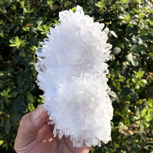 flawless chinese clear quartz cluster held in hand outdoors - healing crystal from clearquartzshop