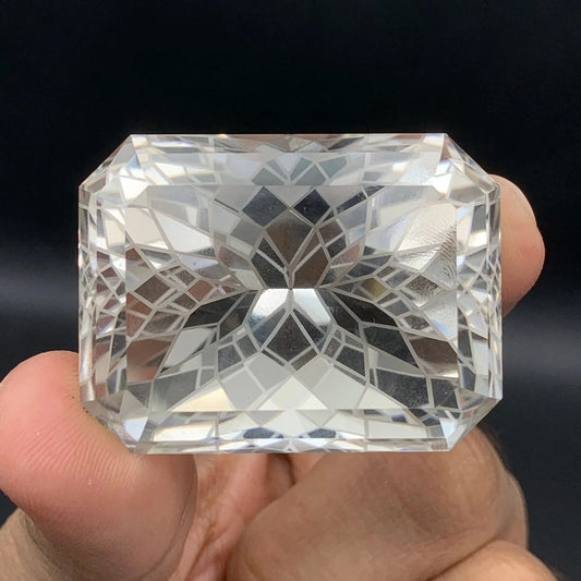 390 carat flawless large pakistani clear quartz faceted flower fantasy cut rectangular gemstone - clearquartzshop