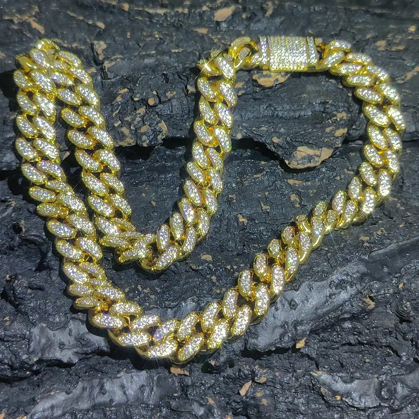gold 12mm iced out cuban link chain with cz stones and diamond clasp - rap necklace by clearquartzshop