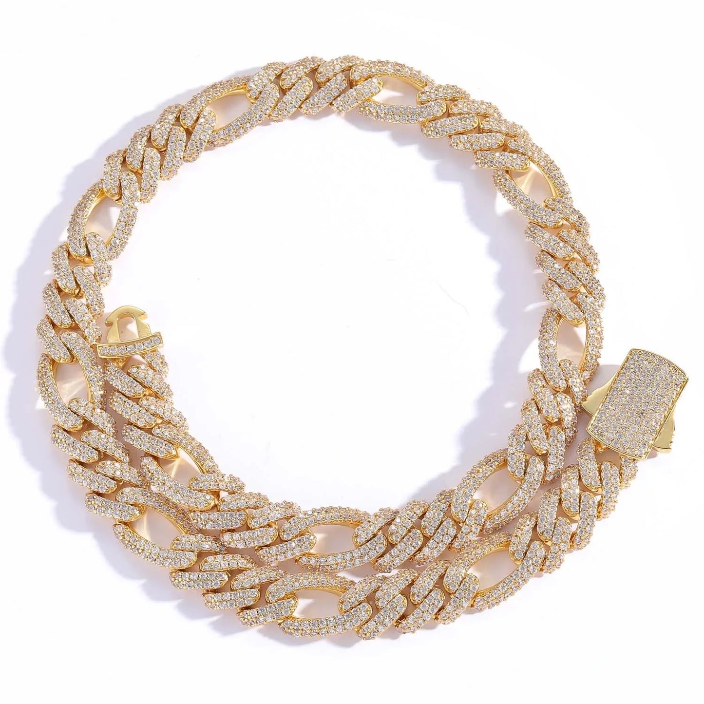 gold 12mm iced out figaro prong cuban link chain - unisex rap necklace by clearquartzshop