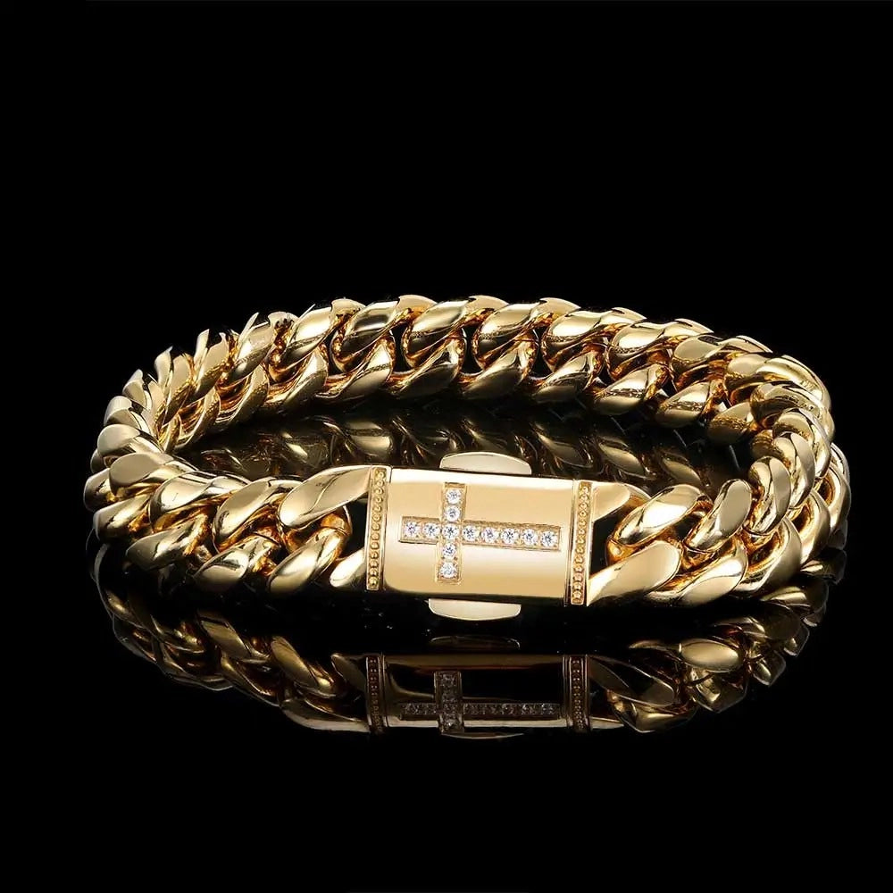 gold 12mm miami cuban link bracelet with iced out cross clasp built from stainless steel for men and women by clearquartzshop