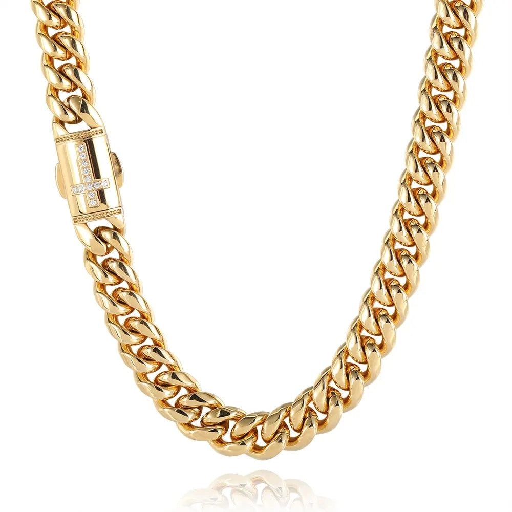 12mm miami cuban link chain in gold with diamond clasp made from stainless steel for men and women by clearquartzshop