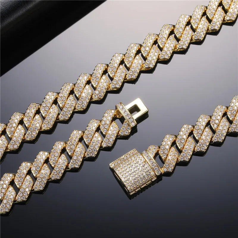 gold 14mm iced out prong cuban link chain - unisex bold necklace by clearquartzshop